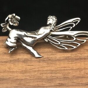 Vintage Signed Jezlaine 925 Sterling Silver Fairy on a Flower Brooch. 1.5”